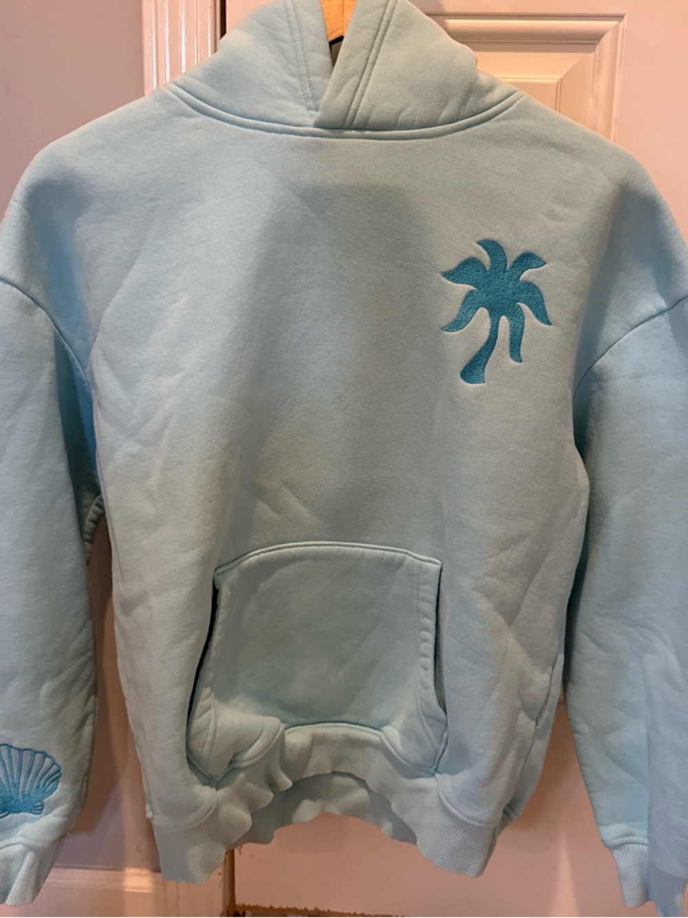Light Blue Pink Palm Puff Embroidered Hoodie - like new - size XS